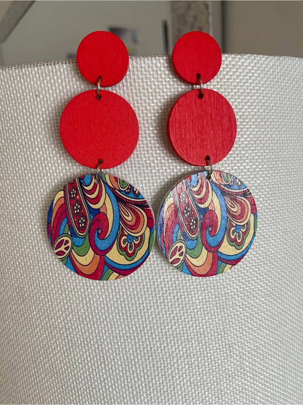 Red Wood and Colorful Paisley Circle Drop Earrings New